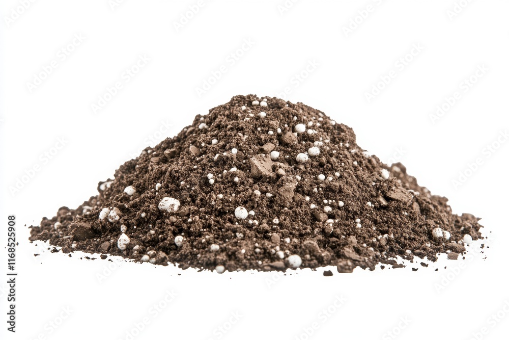 Pile of dark brown soil with white pebbles isolated on white background. Pile of dark brown soil with white pebbles isolated on white background.