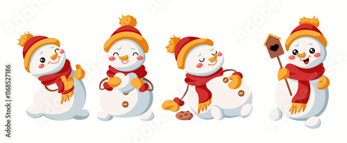 Cute snowmen expressing happiness flat color vector icon set. Cold season children holiday celebration characters pack on white background