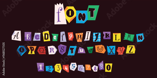 Letters and digits cut out of magazine pages font vector illustration on black background. Stylish retro design elements collection