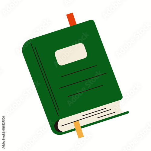 Book with green hardcover and bookmarks flat color vector object. Personal organizer notepad for notes illustration on white background