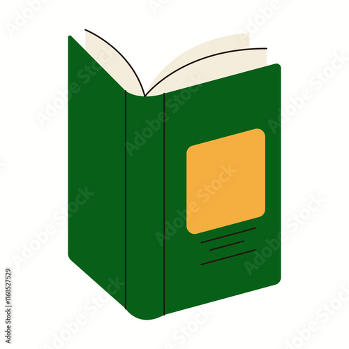 Open thick book with blank nametag flat color vector object. Reading textbook to learn new information illustration on white background
