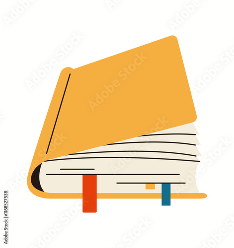 Book with bookmarks and yellow hardcover flat color vector objects. Learning lesson reading textbook illustration on white background
