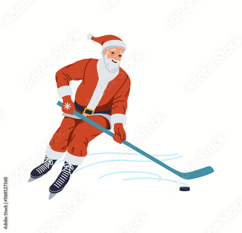 Happy Santa playing ice hockey flat color vector character. Active Saint Nicolas shooting goal on ice rink illustration on white background
