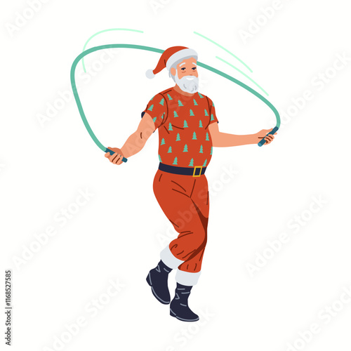 Santa Claus exercising with jump rope flat color vector character. Happy grandpa training before Christmas celebration illustration on white