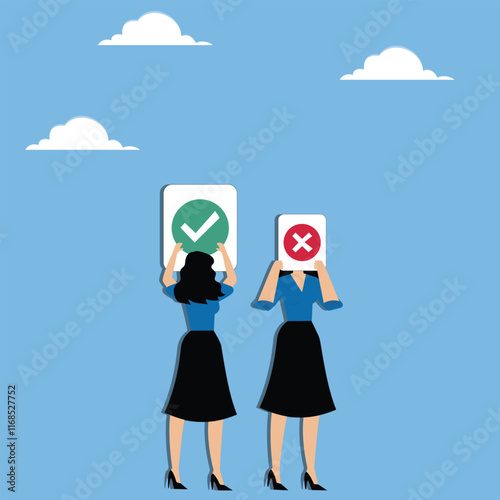 Choosing between right and wrong, pro or con, business or professional decision making, professional guidelines, businesswoman holding a check mark for right and wrong in his hand