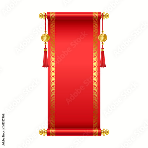 Luxury vintage Chinese scroll with copy space realistic vector illustration. Blank oriental New Year good luck symbol 3d object on white