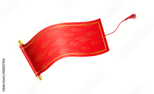 Red Chinese hand-scroll with tassel flattering realistic vector illustration. Holiday Asian manuscript wishing good luck 3d object on white