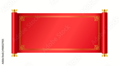 Ancient mockup Chinese scroll for New Year realistic vector illustration. Red Asian holiday manuscript with golden frame 3d object on white