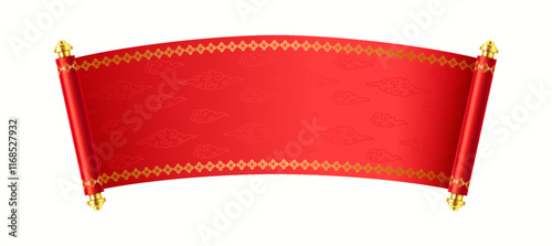 Festive Chinese hand-scroll with mockup design realistic vector illustration. Red oriental manuscript for holiday greeting 3d object on white