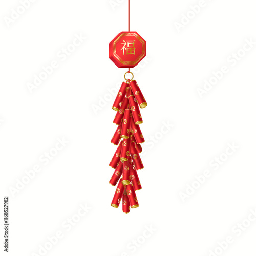 Traditional Chinese firecrackers with lucky pendant realistic vector illustration. Oriental explosive baozhu for fun holiday 3d object on white. inscription on the badge is “Luck”