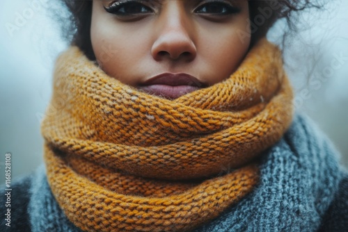 Portrait of a young woman wearing a knitted scarf in a serene outdoor setting...