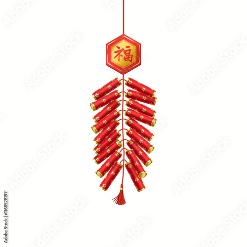 Noisy oriental firecrackers with Fu character and tassel realistic vector illustration. Asian holiday celebration mini fireworks 3d object on white. inscription on the badge is “Luck”