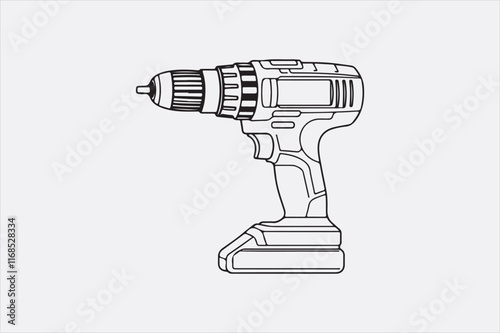 A minimalist black-and-white illustration of a cordless power drill focusing on clean lines and a modern design.
