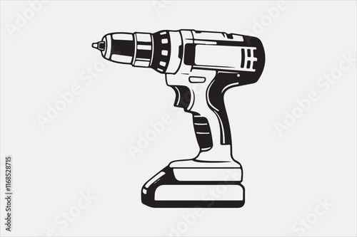 A minimalist black-and-white illustration of a cordless power drill focusing on clean lines and a modern design.
