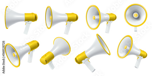 Loudspeakers with yellow decor realistic vector illustration set. Megaphones announcing commercial event 3d models on white background