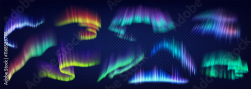 Aurora borealis slowing lights realistic color icons set. Shiny natural phenomenon of night sky 3d objects bundle on transparent background