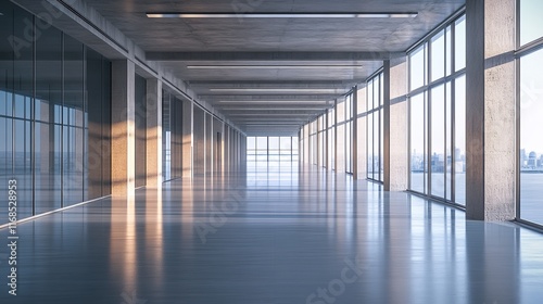 Sunlit modern office corridor with glass walls and city view.