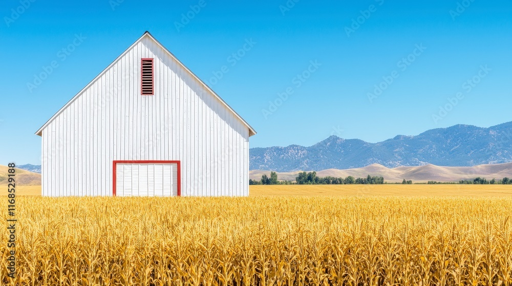White Barn Surrounded by Golden Wheat Field Under Blue Sky in Rural Landscape White Barn Surrounded by Golden Wheat Field Under Blue Sky in Rural Landscape
