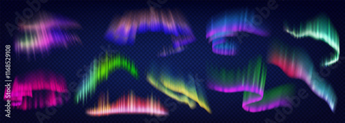 Lifelike aurora borealis casting vibrant colors across night sky realistic color icons set. Enchanting 3d objects bundle on transparent background