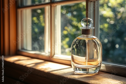 Elegant glass perfume bottle placed on windowsill with natural light illumina...