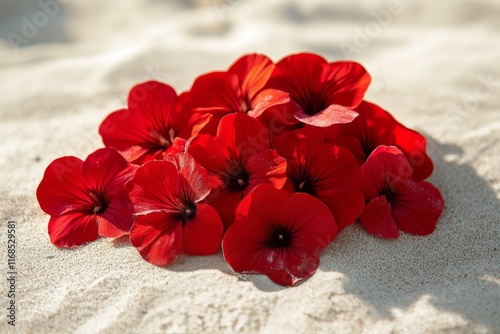 Bright red flowers resting on sandy beach under a clear sky during sunset