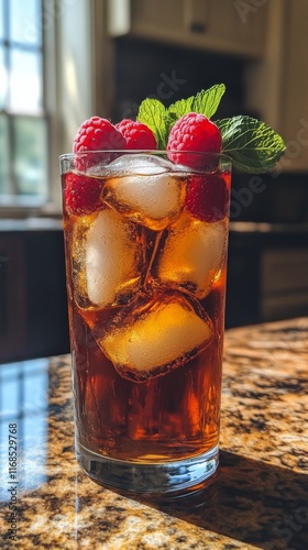 Refreshing iced tea with raspberries and mint served in a clear glass