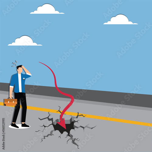 A businessman's path forward shattered by falling arrows, a destroyed road, a setback in a career or business path, a planned contingency