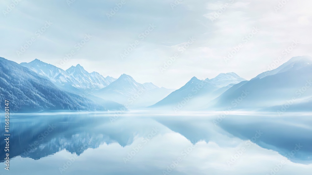 Serene mountain lake reflecting sky, misty atmosphere. Serene mountain lake reflecting sky, misty atmosphere.