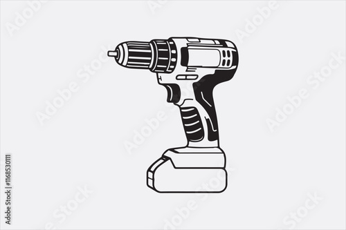 A minimalist black-and-white illustration of a cordless power drill focusing on clean lines and a modern design.