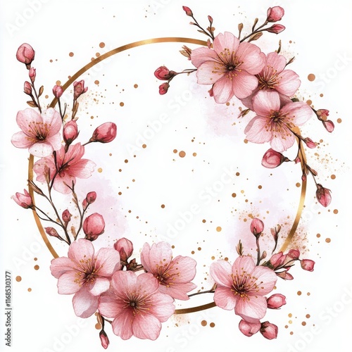 Floral wreath with pink cherry blossoms and gold accents for decorative use