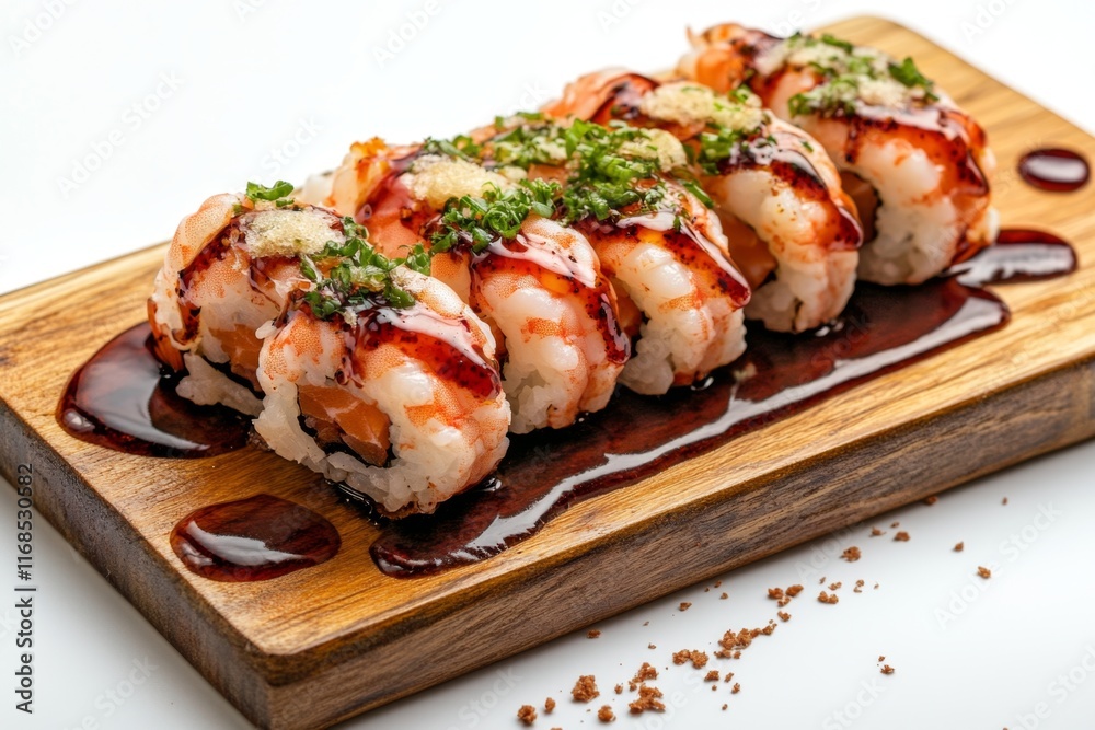Delicious shrimp sushi rolls arranged on a wooden board, drizzled with savory sauce and garnished with herbs. Delicious shrimp sushi rolls arranged on a wooden board, drizzled with savory sauce and garnished with herbs.
