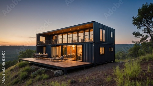 Modern container home with glass walls situated on a hillside surrounded by nature at dusk