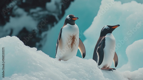 Penguins. Penguins on the iceberg behind the snow bank. In Antarctica. Penguin Awareness Day. photo