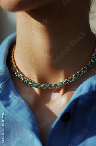 Elegant green gemstone necklace featured on a model outdoors in natural light