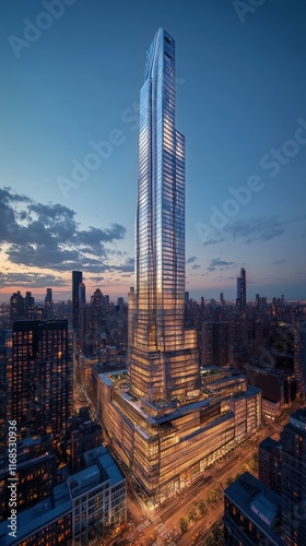 Stunning skyline view of city buildings illuminated at dusk showcasing urban ...