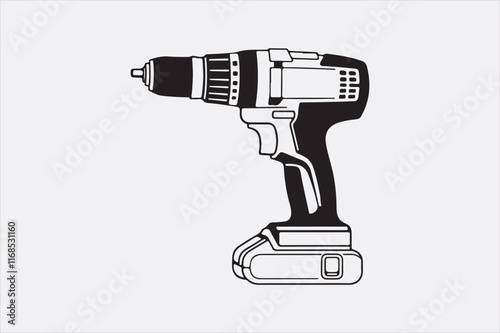 A minimalist black-and-white illustration of a cordless power drill focusing on clean lines and a modern design.