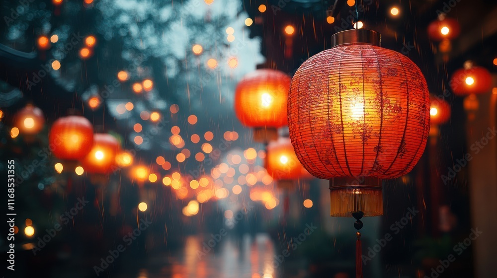 Illuminated red lanterns hanging in a rain-soaked Asian street at night. Illuminated red lanterns hanging in a rain-soaked Asian street at night.