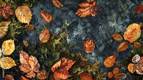 golden autumn leaves on mossy forest floor rich texture
