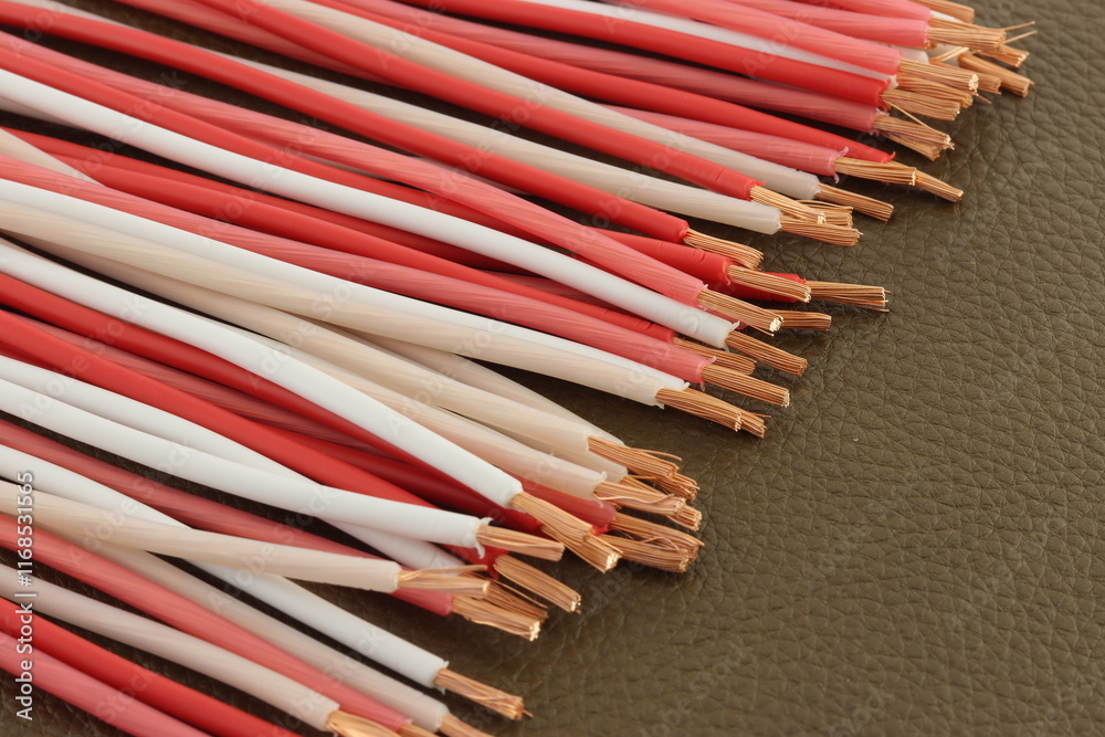 Fototapeta premium Electric copper stranded insulated mounting wires. Close-up. Soft focus. 