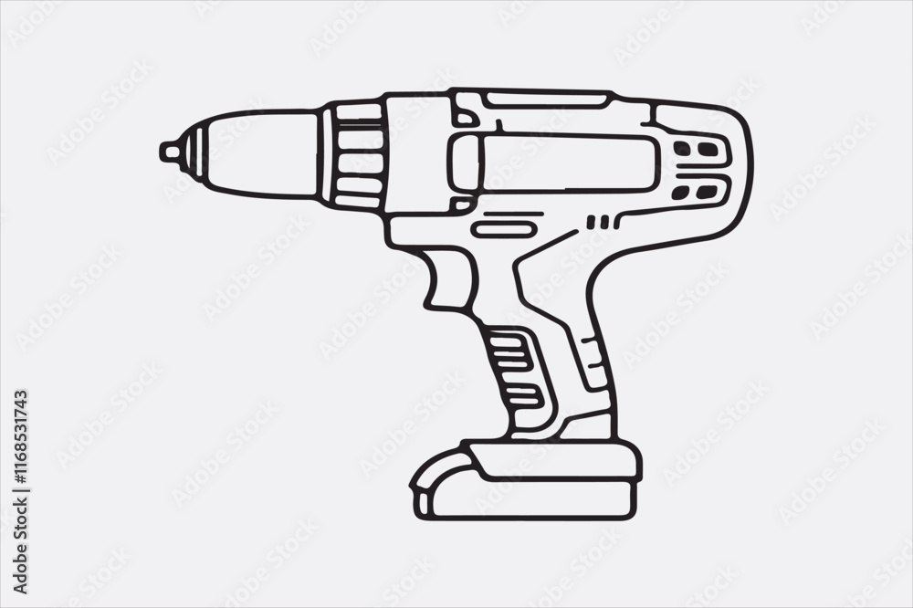 A minimalist black-and-white illustration of a cordless power drill focusing on clean lines and a modern design. A minimalist black-and-white illustration of a cordless power drill focusing on clean lines and a modern design.