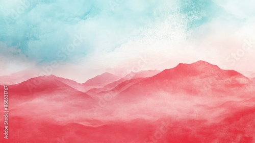 Mountain landscape with soft red and blue hues under a serene sky at dusk
