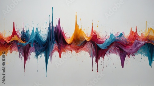 Vibrant abstract wave pattern with splashes of color representing sound or fluid motion