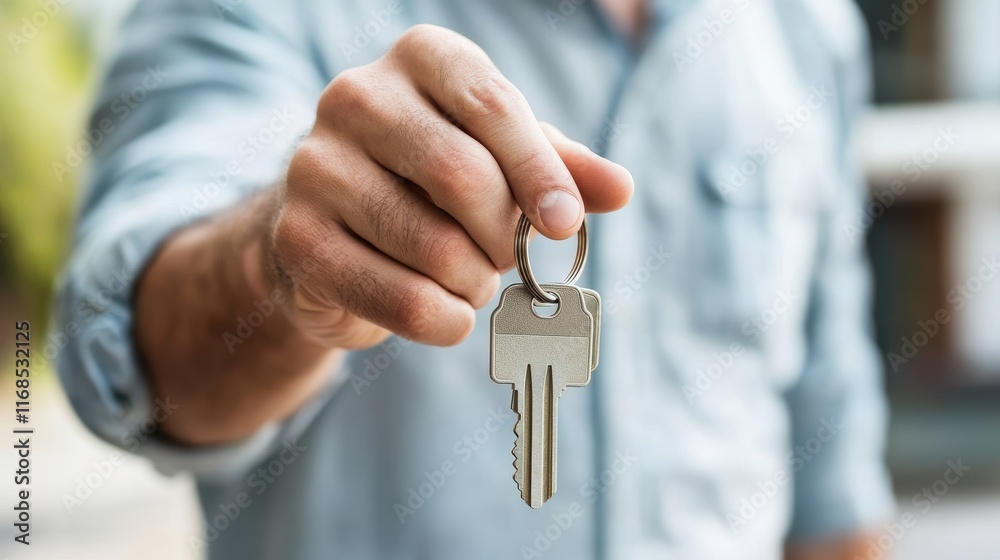 Key handover event urban environment real estate outdoor setting close-up viewpoint property ownership concept Key handover event urban environment real estate outdoor setting close-up viewpoint property ownership concept