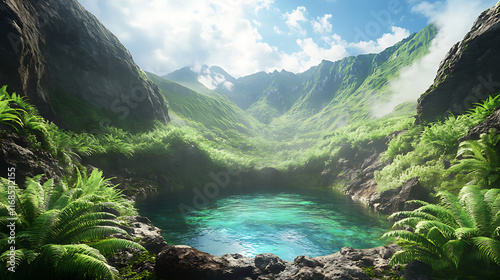 Fototapeta Naklejka Na Ścianę i Meble -  A panoramic view of a hidden emerald pool nestled in a mountain valley, bordered by ferns and rocks, with vibrant colors