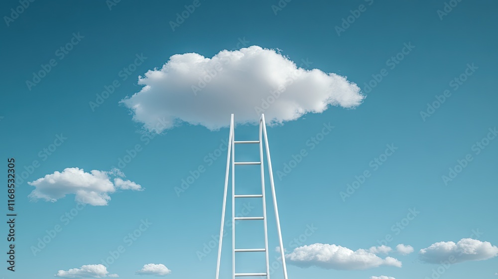 A white ladder reaching towards a fluffy cloud in a bright blue sky. A white ladder reaching towards a fluffy cloud in a bright blue sky.