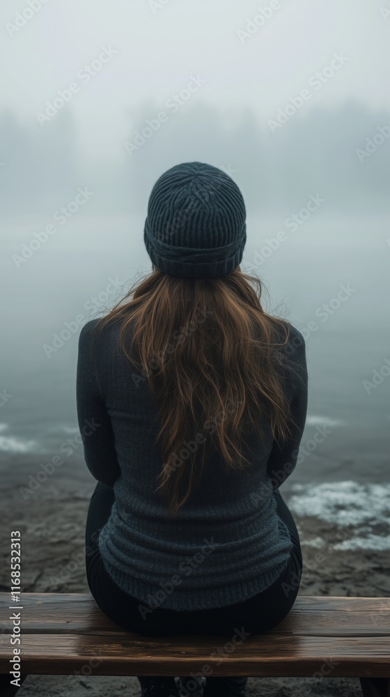Back view of a woman sitting on a bench by a foggy lake, wearing a sweater and hat, evoking peace, solitude, and reflection. Back view of a woman sitting on a bench by a foggy lake, wearing a sweater and hat, evoking peace, solitude, and reflection.