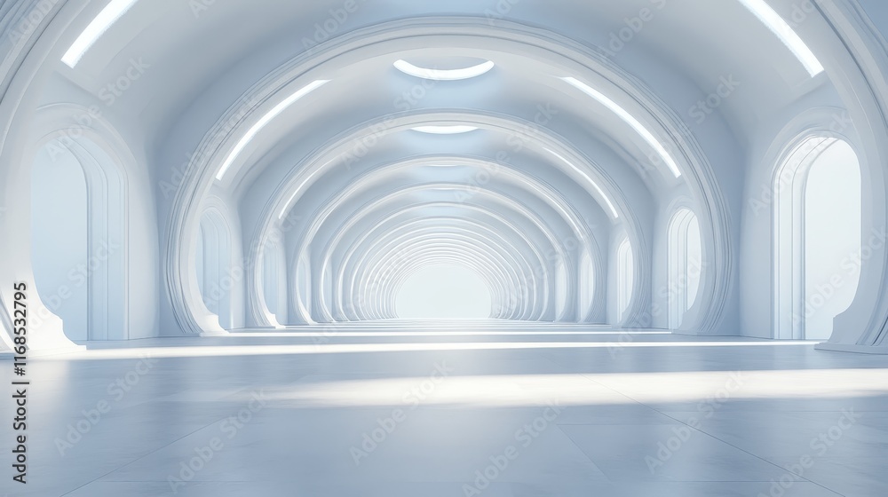 Futuristic white tunnel, glowing arches, empty space, modern architecture, interior design. Futuristic white tunnel, glowing arches, empty space, modern architecture, interior design.