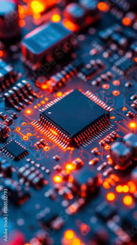 Close-up view of a glowing circuit board with intricate connections and illum...