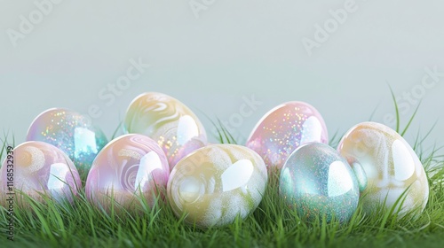 Colorful pastel eggs resting on grass in a serene spring setting