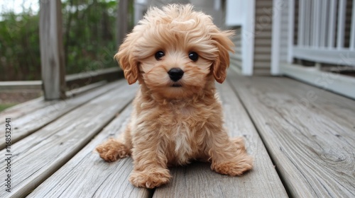 Cute fluffy puppy sitting on wooden deck in bright daylight enjoying the outd...